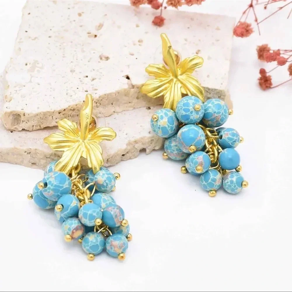 LuxuryTurquoise Stone Blue Leaf Grape Earrings